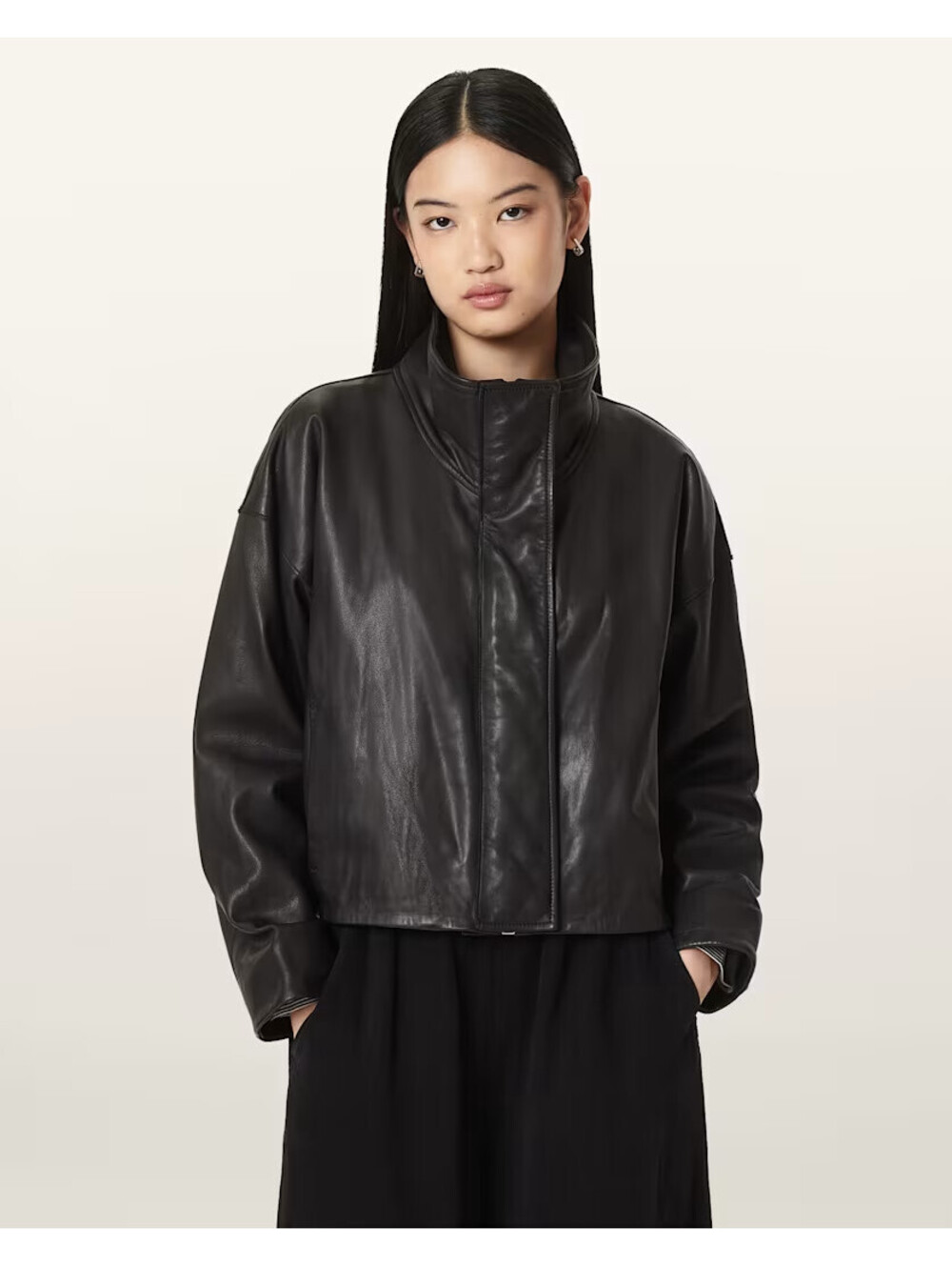 AllSaints Ryder Leather Funnel Neck Jacket Black Size L